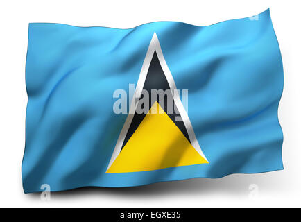 Wehende Flagge von Saint Lucia isoliert auf weißem Hintergrund Stockfoto