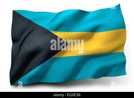 Wehende Flagge von Bahamas isoliert auf weißem Hintergrund Stockfoto