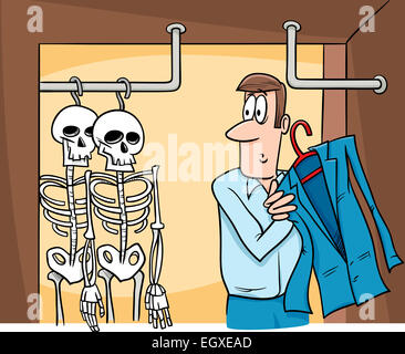 Cartoon Humor Concept Illustration of Skelette in den Schrank Spruch oder Sprichwort Stockfoto