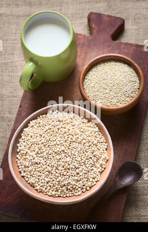 Geplatzten weiße Quinoa (Chenopodium Quinoa lat.) Getreide in Schüssel mit rohem Quinoa-Samen und Tasse Milch in den Rücken Stockfoto