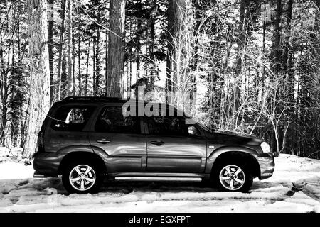 Rechten Fahrzeugseite Mazda Tribute Sport Utiliy in Bergen im Winter Schnee in Graustufen Stockfoto