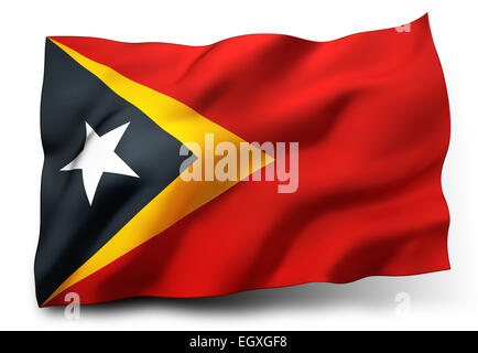 Wehende Flagge von Ost-Timor isoliert auf weißem Hintergrund Stockfoto