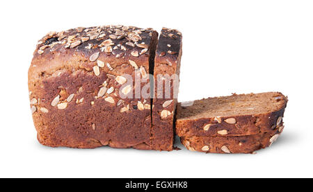 Hälfte und schwarzen ungesäuertes Brot mit Samen isoliert auf weißem Hintergrund Stockfoto