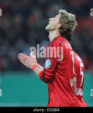 Leverkusen, Deutschland. 3. März 2015. German Soccer Cup, Achter Finale, Bayer 04 Leverkusen Vs 1. FC Kaiserslautern: Stefan Kießling (Leverkusen) feiert nach seinem Tor. Stockfoto