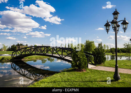 Kleine Brücke über ein Teich und landen auf einer kleinen Rasen Insel Stockfoto