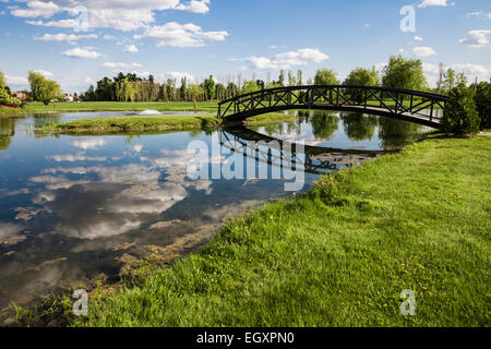 Kleine Brücke über ein Teich und landen auf einer kleinen Rasen Insel Stockfoto