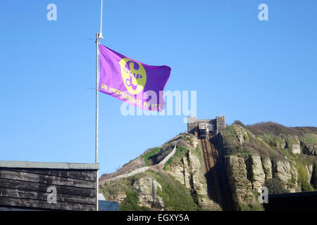 UKIP-Beflaggung über Fischerhütten Hastings Stade Strand East Sussex, GB Stockfoto