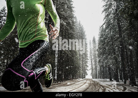 Weibliche Läufer läuft durch den Winterwald. Stockfoto