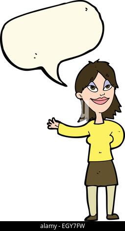 Cartoon-Frau Gestikulieren um etwas mit Sprechblase anzeigen Stock Vektor