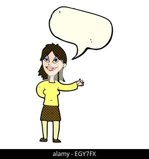 Cartoon-Frau Gestikulieren um etwas mit Sprechblase anzeigen Stock Vektor