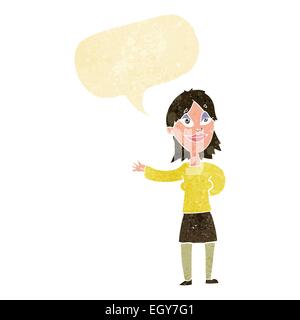 Cartoon-Frau Gestikulieren um etwas mit Sprechblase anzeigen Stock Vektor