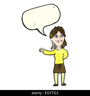 Cartoon-Frau Gestikulieren um etwas mit Sprechblase anzeigen Stock Vektor