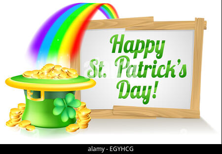 A St Patricks Day melden Sie viel Spaß beim Lesen St Patricks Day mit einem Kobold Hut mit Shamrock Kleeblatt und voller Goldmünzen Stockfoto