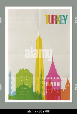 Reisen Türkei Sehenswürdigkeiten Skyline auf Vintage-Papier Plakat Design Blatthintergrund. Vektor in Schichten organisiert Stock Vektor