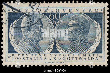 Tschechoslowakei - ca. 1953: Briefmarke gedruckt von der Tschechoslowakei, zeigt Gottwald und Stalin, ca. 1953 Stockfoto