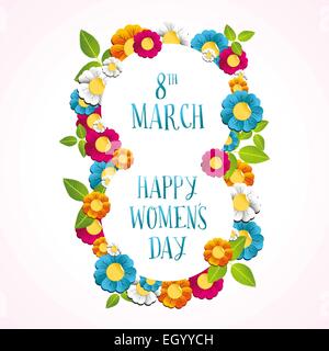 Glücklich Frauentag Grußkarte Illustration mit bunten Blumen Vielfalt und Text März 8. EPS10 Vektor. Stock Vektor