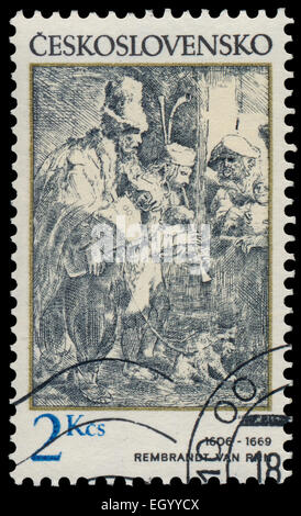 Tschechoslowakei - CIRCA 1982: Briefmarke gedruckt in der Tschechoslowakei, zeigt Musiker in einem Hostel, von Rembrandt (1606-1669), ca. 1982 Stockfoto