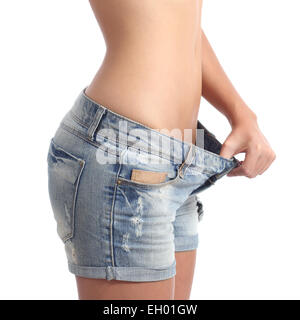 Nahaufnahme einer Frau Taille Gewicht Verlust Diät-Konzept isoliert auf weißem Hintergrund Stockfoto