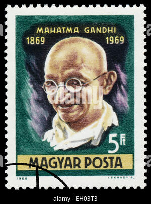 Ungarn - ca. 1969: Briefmarke gedruckt in Ungarn zeigt ein Bild von Mahatma Gandhi Festschrift zum hundertjährigen Geburtstag, Stockfoto