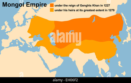 Dschingis Khans Mongolen im Jahre 1227 und seine größte Ausdehnung im Jahre 1279. Stockfoto