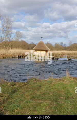 Fisherman's Hut und Aal Traps auf River Test. Stockfoto