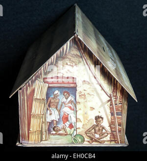 Eine Spendendose der Heilige Kindsheid, die zur Sammlung wohltätiger Spenden verwendet wird und oft in religiösen Zusammenhängen gesehen wird. Die Dose enthält Branding für die Organisation und ihre Spendenaktionen. Stockfoto