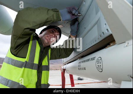 Royal Air Force Cpl Lee Sorman, ein Waffen-Techniker zugewiesen 6 Geschwader, RAF Lossiemouth, Schottland, führt die Bewaffnung Inspektionen unter ein Typhoon FGR4-Kämpfer auf der Nellis Air Force Base in Nevada, 27. Januar 2015. Die 6 Sqn verbindet zahlreiche andere USA und Koalition Einheiten in rote Fahne 15-1, die neueste Version von der 414th Combat Training Squadron Luft, Raum und Cyberspace Übungen. Stockfoto