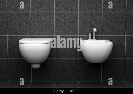 moderne Toilette mit schwarzen Fliesen an Wand Stockfoto