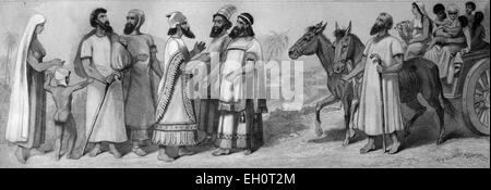 Kulturgeschichte, Menschen aus der Vergangenheit: Hebräer links, rechts alte jüdische Wagen, historische Illustration Stockfoto