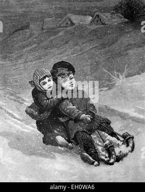Kinder Rodeln, historische Illustration über 1886