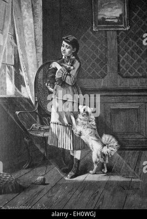 Kind mit Haustiere, historische Abbildung, ca. 1886 Stockfoto