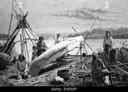 Anishinabe oder Chippewa-Indianer, die Reparatur einer Boot, Nordamerika, historische Abbildung, ca. 1886 Stockfoto