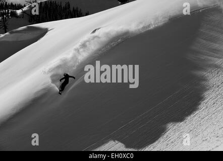 Mädchen nimmt eine Wendung und sprüht Pulver auf Teton Pass in Wyoming. Stockfoto