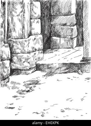 Eine Vektor-Illustration von Hand gezeichnet. Alte steinerne Tor des Hauses - Detail. Stock Vektor