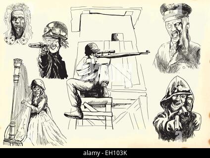 Eine Vektor-Illustration von Hand gezeichnet. Sammlung von Horror-Gesichter und Figuren. Vektor-Pack. Stock Vektor