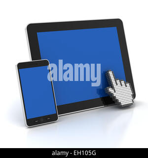 Hand-Cursor klicken, eine digitale Tablet und Smartphone mit Exemplar, 3d render Stockfoto