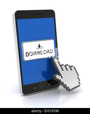 Klicken Sie einen Download-Button auf einem Smartphone, 3d render Stockfoto