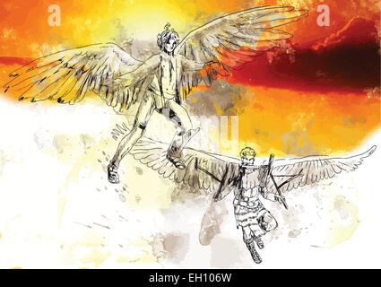 Eine Vektor-Illustration von Hand gezeichnet. ICARUS ist in der griechischen Mythologie der Sohn von Handwerksmeister DAEDALUS. Stock Vektor