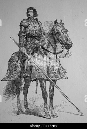 Pierre Terrail LeVieux, Seigneur de Bayard, 1476-1524, bekannt als der Ritter ohne Furcht und über jeden Zweifel erhaben, ein französischer Kommandant, Holzschnitt aus dem Jahr 1880 Stockfoto