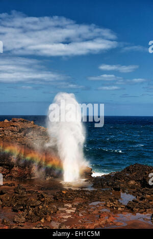 Regenbogen erscheint nach dem Pazifischen Ozean aus der vulkanischen gebildeten Nakalele Blasloch auf Hawaii Insel Maui explodiert. Stockfoto