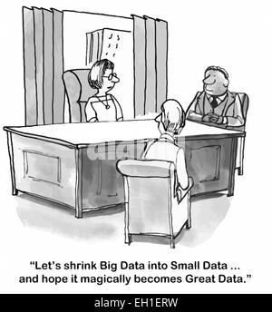 Cartoon von Geschäftsfrau Team sagen, lasst uns schrumpfen Big Data in kleinen Daten... und hoffe, es wird wie von Zauberhand große Daten. Stock Vektor