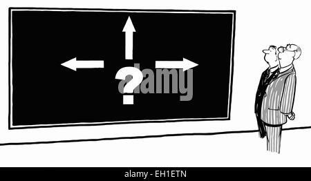 Cartoon von Unternehmern, die schwierige Entscheidung, vertreten durch Fragezeichen mit mehreren Pfeilen Grübeln. Stock Vektor
