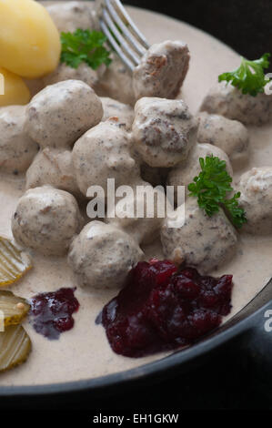 Hausgemachte Frikadellen in Soße. Marmelade, serviert mit Kartoffeln, Gewürzgurken und Preiselbeeren. Stockfoto