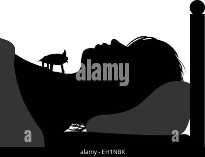 Bearbeitbares Vektor Silhouette einer Vampir-Fledermaus trinken Blut aus dem Hals einer schlafenden Frau mit Zahlen als separate Objekte Stock Vektor