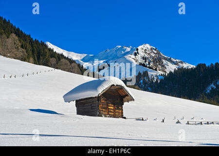 Verschneite Speicher Hütte im Winter, Vallée De La Manche, Morzine, Savoie, Rhone-Alpes, Frankreich Stockfoto