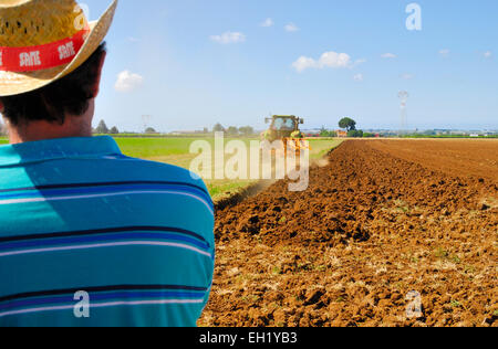Ausstellung von neuen Traktoren in eine Landwirtschaftsmesse in Agro Pontino, Lazio, Mittelitalien. Stockfoto
