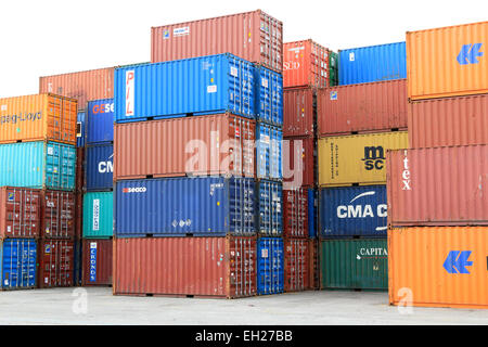 See-Container, Container, am Dock mit Hebekran. Montevideo, Uruguay. Stockfoto