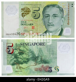 5 Dollar Banknote, Präsident Yusof bin Ishak, Garden City, Singapur, 2005 Stockfoto