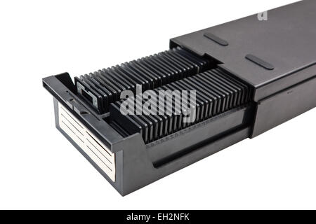 Archiv-Dia-Film im Kasten isoliert auf weißem Hintergrund Stockfoto