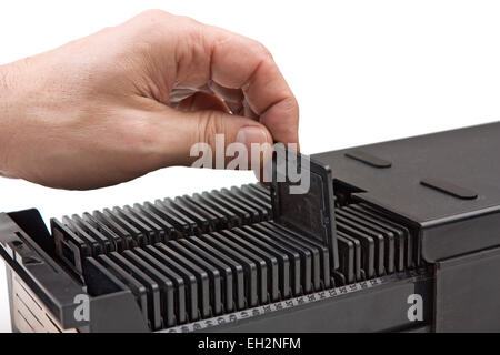 Archiv-Dia-Film im Kasten isoliert auf weißem Hintergrund Stockfoto